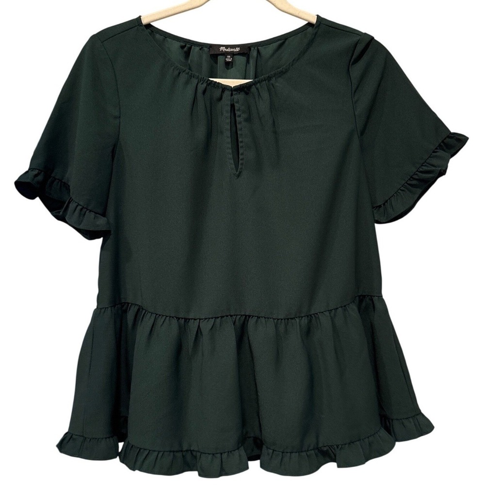 Madewell Stanza Ruffle Hem Top Short Sleeve Smokey Spruce Green Top Peplum Chic